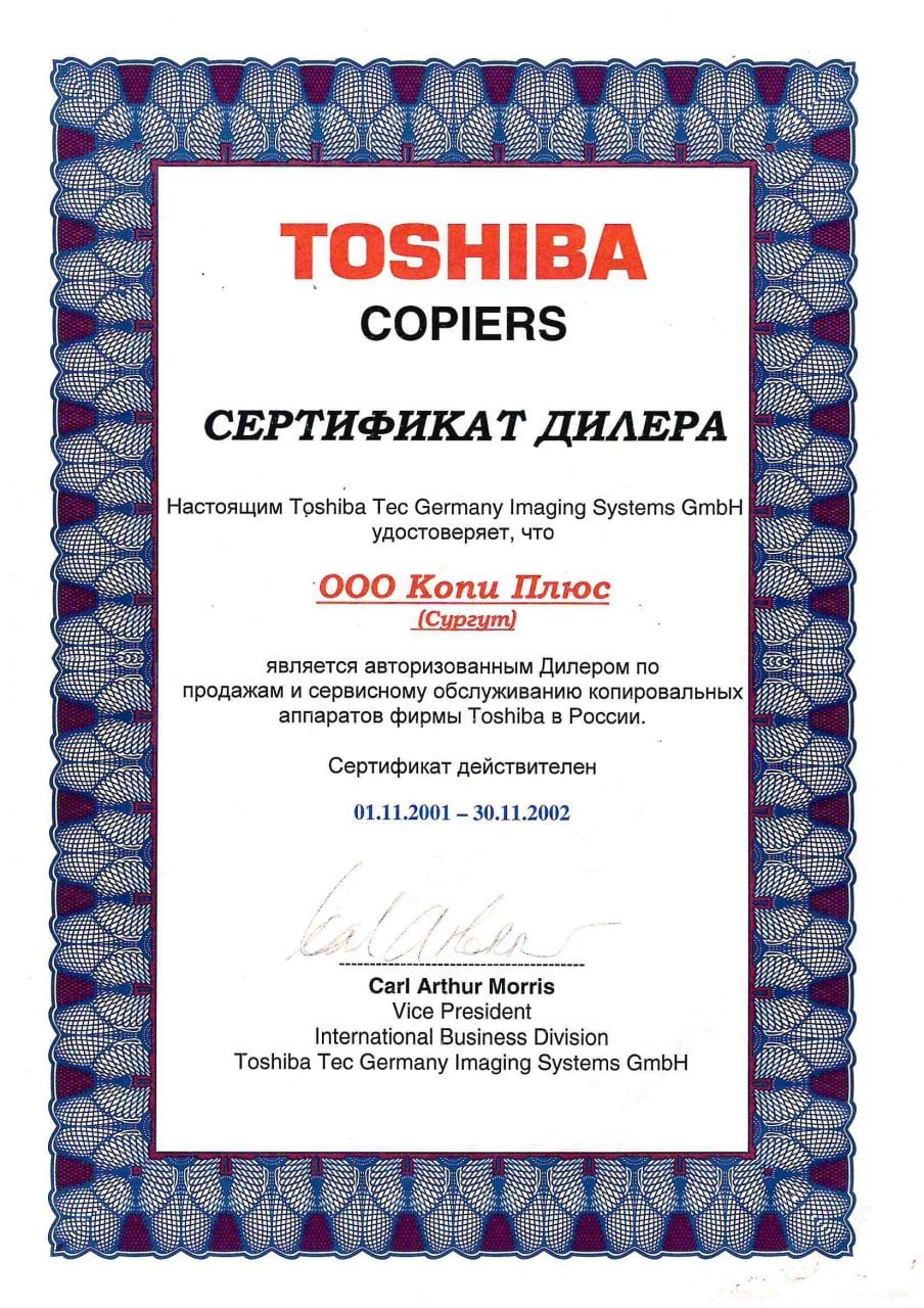 Сертификат Toshiba, 2001